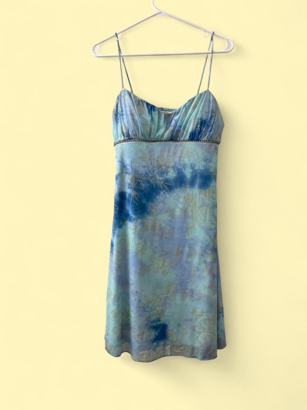 YNES 90’s Blue and Aqua Floral Satin formal Dress with Spaghetti Straps